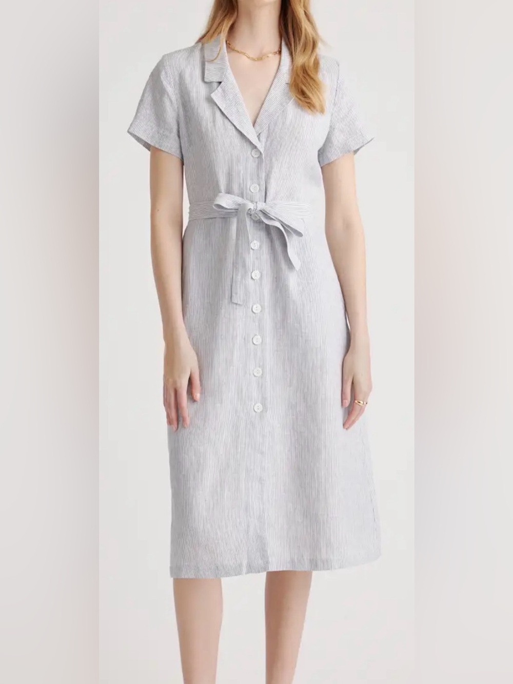 Quince Light Gray stripe Button-Front Tie-Waist Midi Dress. XL. 100% linen